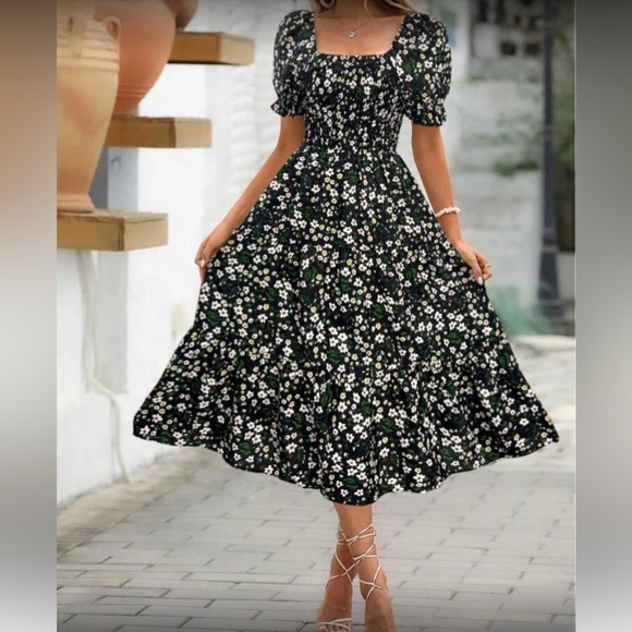 Dresses & Skirts - Black Floral Midi Dress with Smocked Bodice